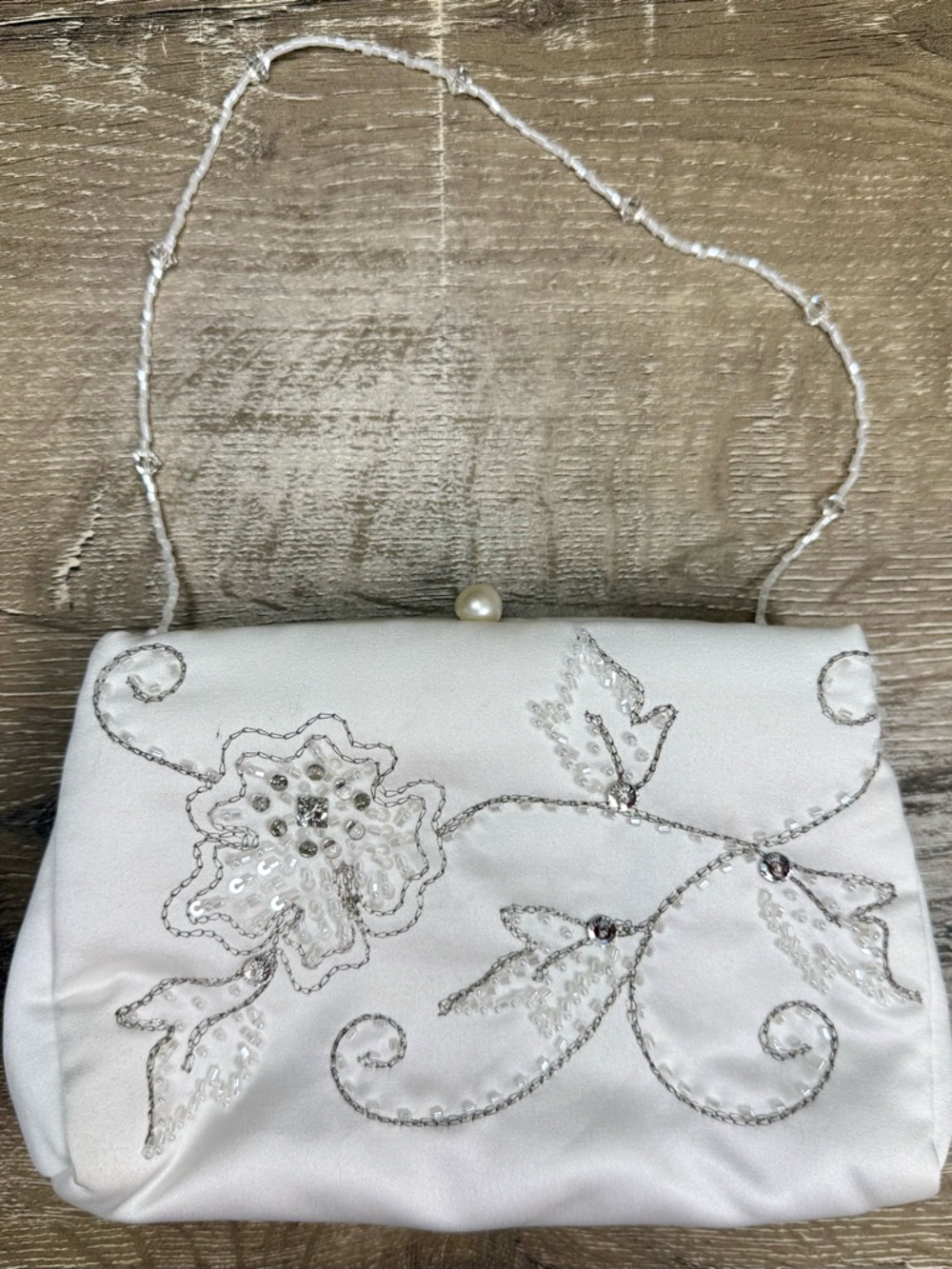 Vintage White Satin Silver Floral Beaded Evening Bag with Pearl Clasp